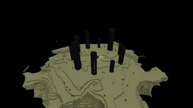 Ilha do End do Minecraft vista de cima, com os pilares de obsidiana negros sobre o terreno amarelado e o céu escuro