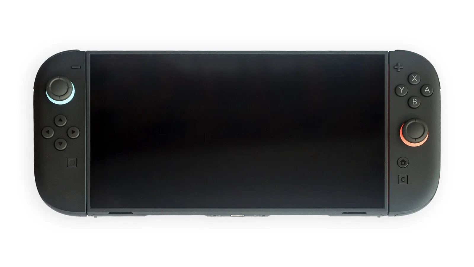Consola Nintendo Switch 2 preta em modo portátil, com os comandos Joy-Con 2 encaixados de cada lado do ecrã, sobre fundo branco