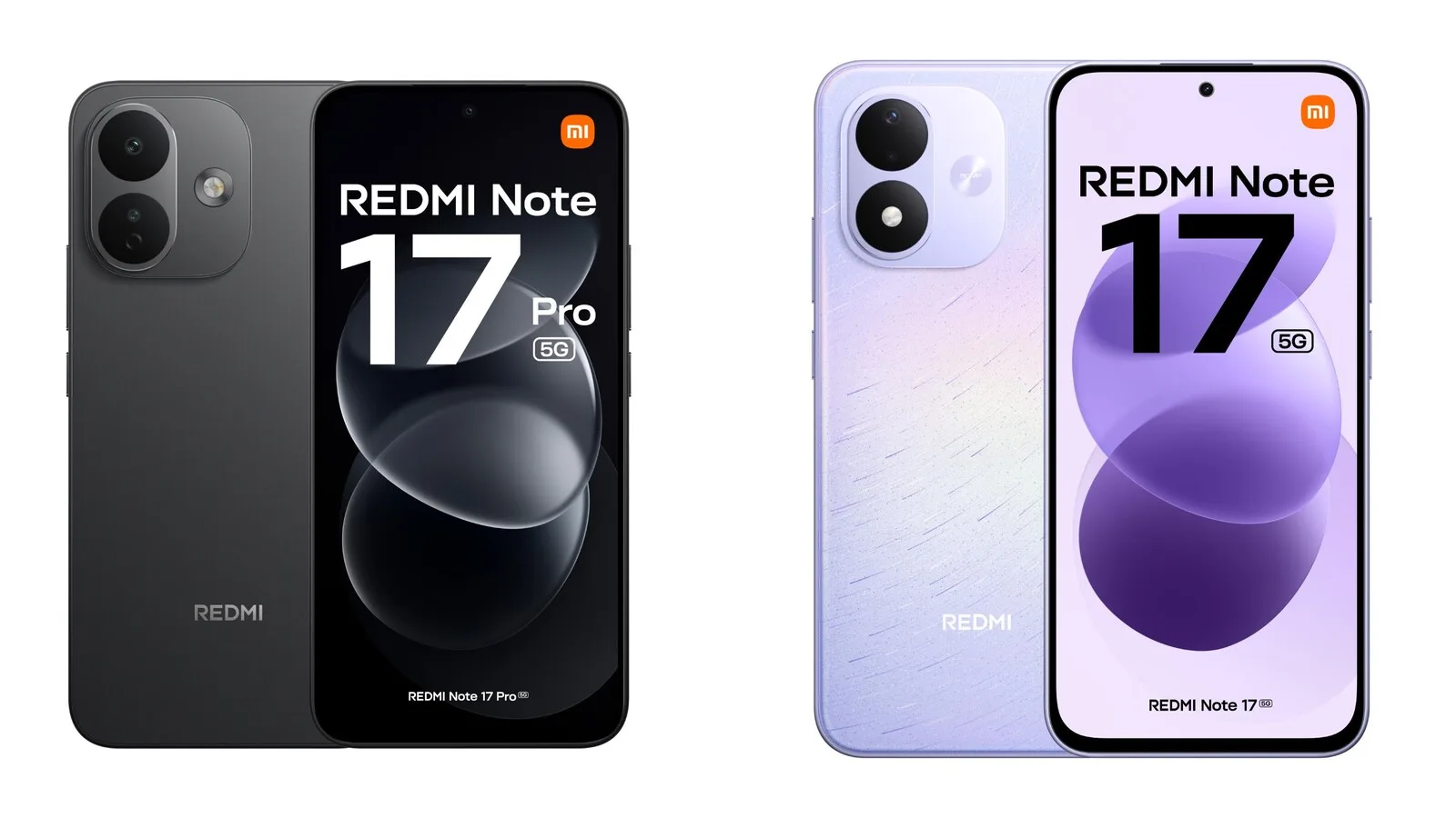 Redmi Note 17 Pro 5G em preto e Redmi Note 17 5G em roxo, cada um visto de trás e de frente