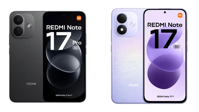 Redmi Note 17 Pro 5G em preto e Redmi Note 17 5G em roxo, cada um visto de trás e de frente