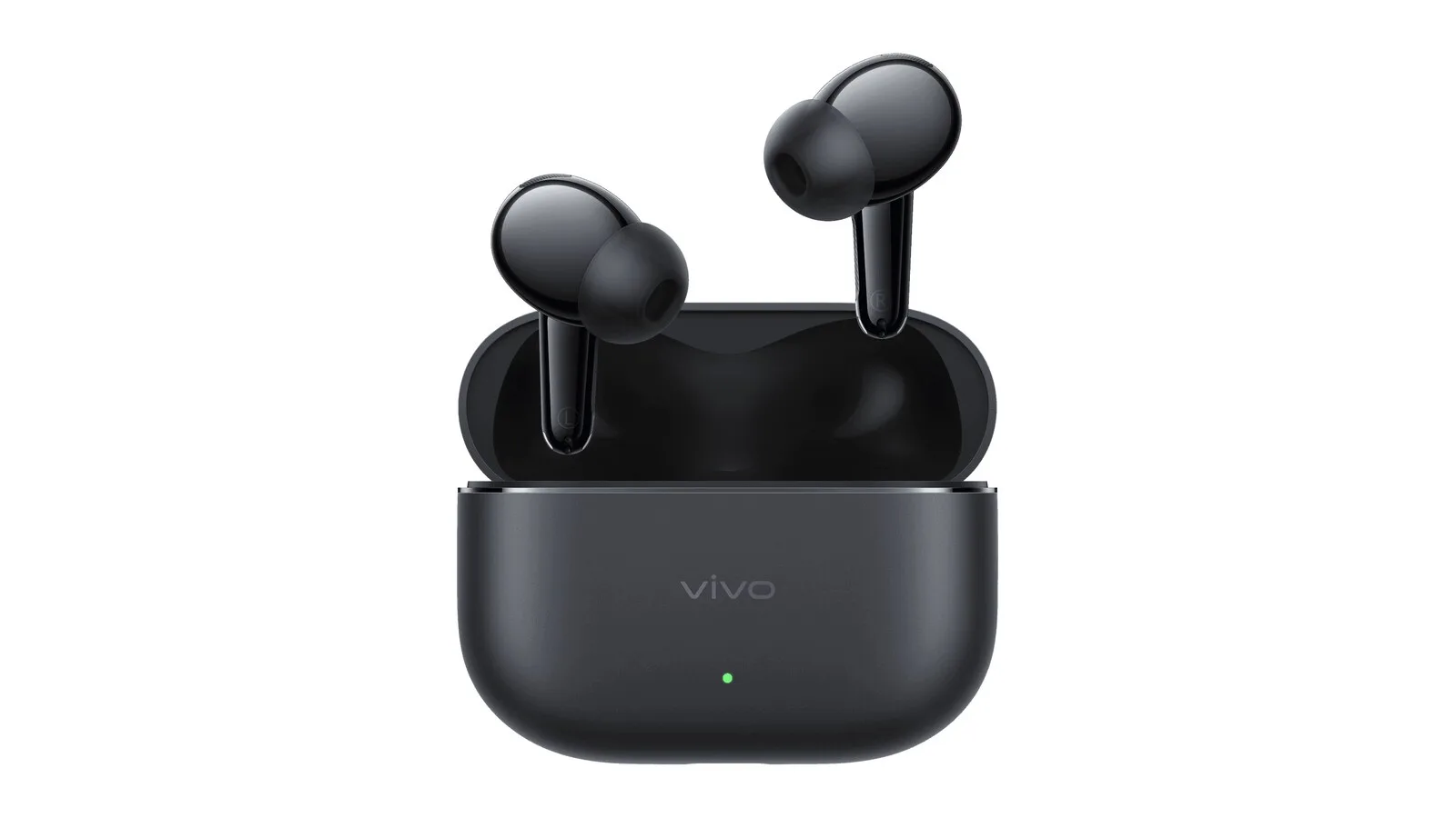 Auriculares vivo Buds Ultra pretos a sair do estojo aberto, também preto, com o logótipo da vivo e uma luz verde à frente