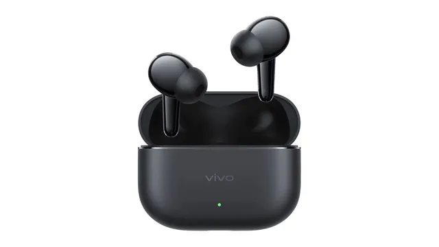 Auriculares vivo Buds Ultra pretos a sair do estojo aberto, também preto, com o logótipo da vivo e uma luz verde à frente
