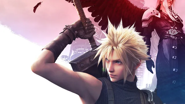 Cloud Strife, de cabelo loiro espetado, com a espada pousada no ombro, e Sephiroth atrás dele, com uma asa negra aberta, sobre um céu rosado