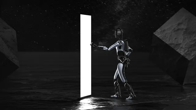 Robô humanoide Agibot A2, de corpo cinzento e preto, de pé num cenário escuro junto a um painel de luz