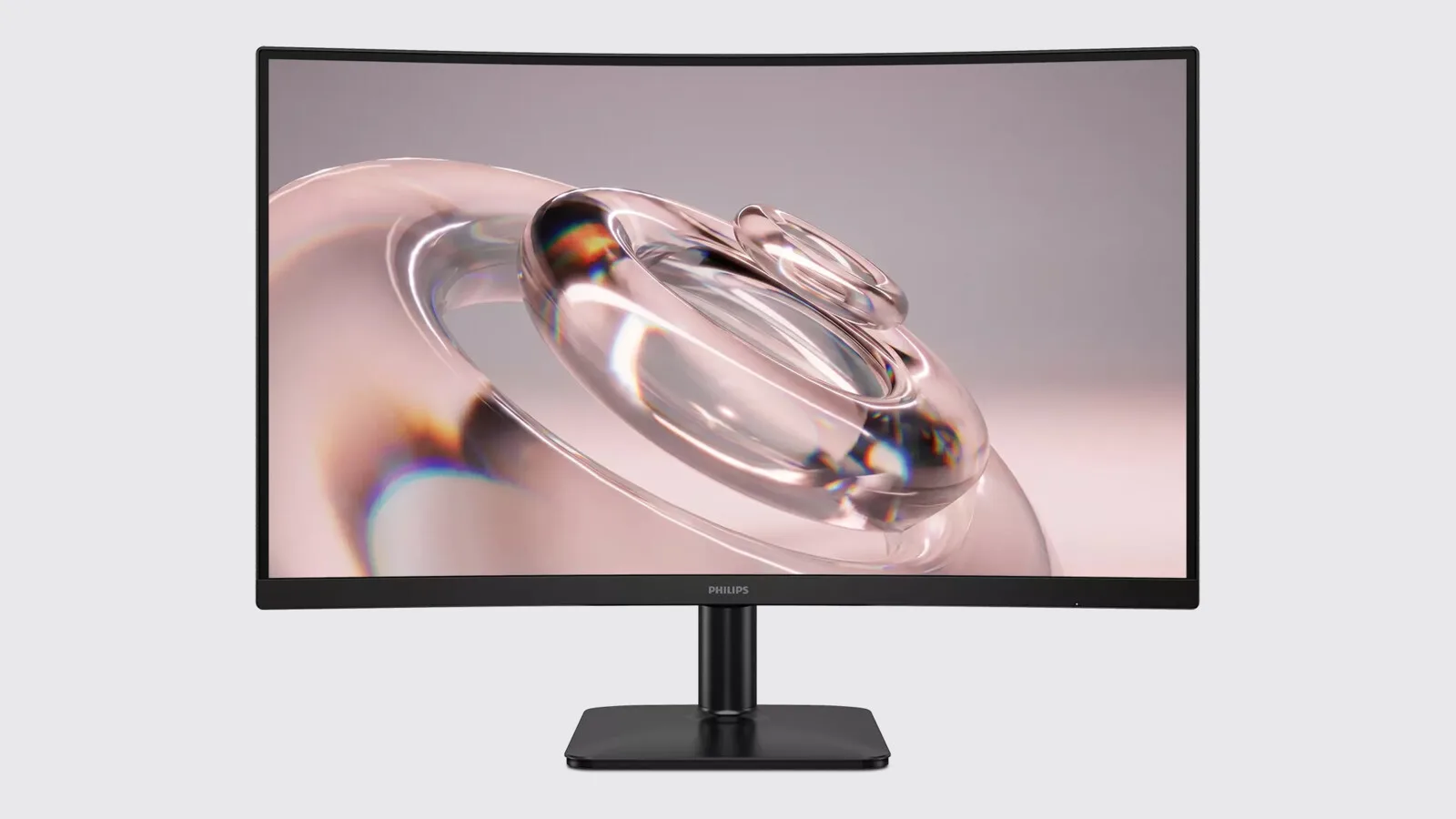 Monitor Philips curvo de moldura preta, visto de frente, com uma imagem abstrata em tons rosados no ecrã e pé central de base retangular