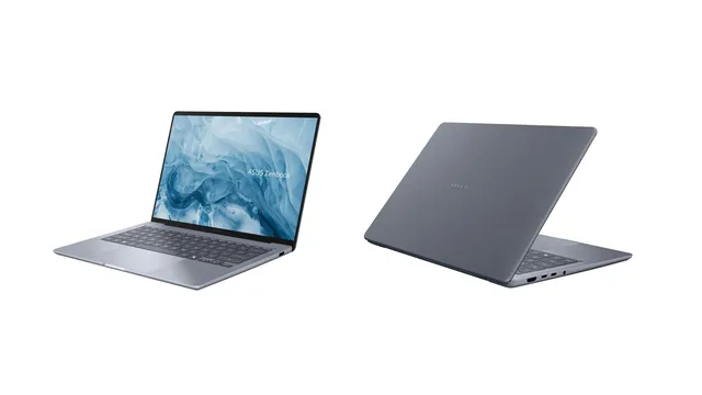 Portátil Asus Zenbook 14 azul-acinzentado visto de frente, aberto, e de trás, com a tampa lisa e as portas laterais