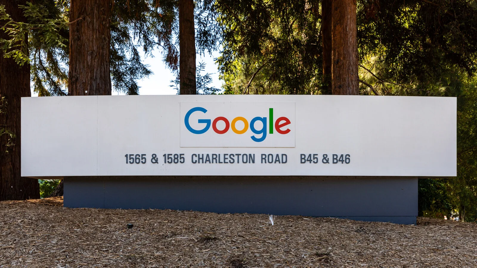 Placa branca com o logótipo colorido da Google e a morada 1565 e 1585 Charleston Road, à frente de árvores altas