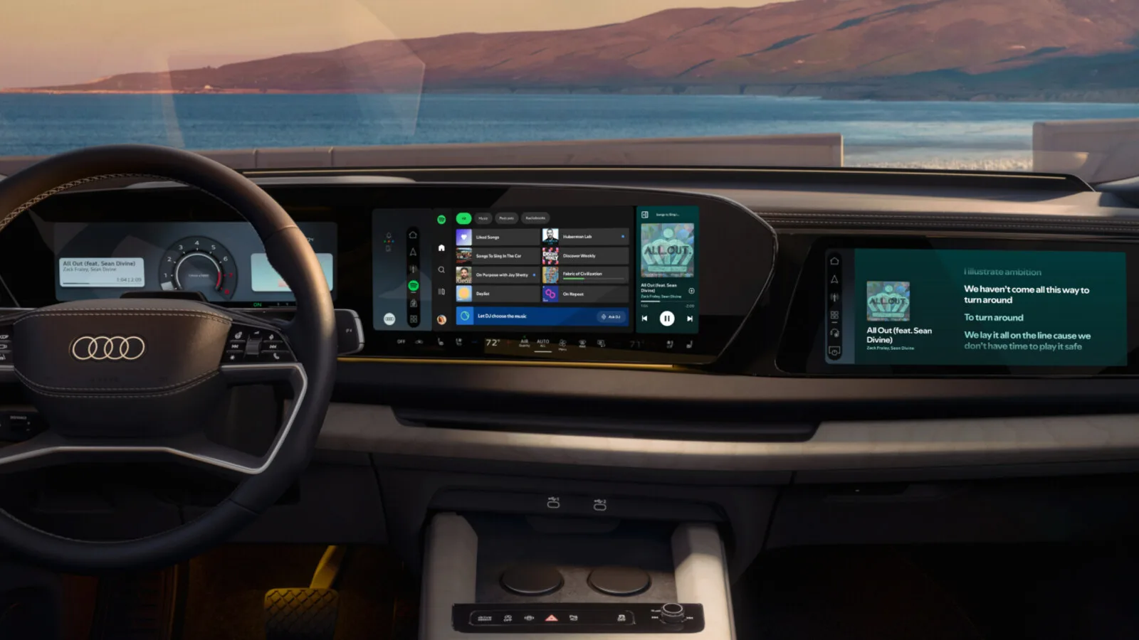 Interior de um Audi com a aplicação Spotify aberta no ecrã central do tablier e a letra de uma música no ecrã do passageiro