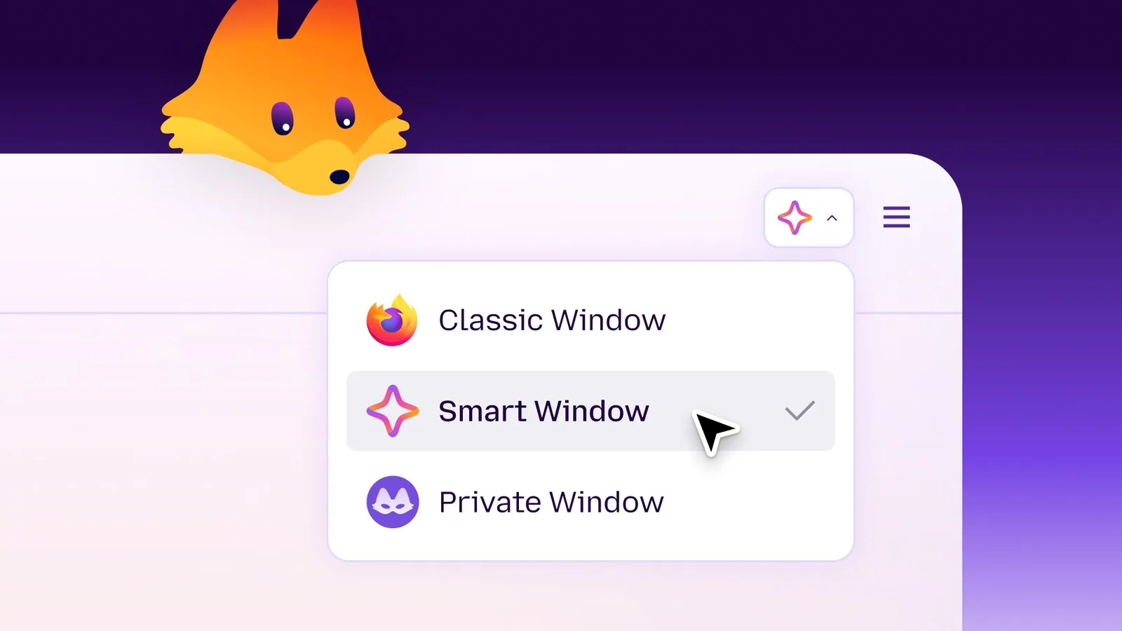 Ilustração do Firefox com o menu de escolha de janela aberto nas opções Classic Window, Smart Window e Private Window, e a mascote raposa no topo