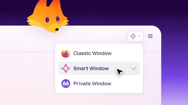 Ilustração do Firefox com o menu de escolha de janela aberto nas opções Classic Window, Smart Window e Private Window, e a mascote raposa no topo