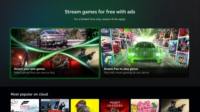 Ecrã do Xbox Cloud Gaming com as opções para transmitir jogos próprios e jogos gratuitos com anúncios e uma fila de jogos populares em baixo