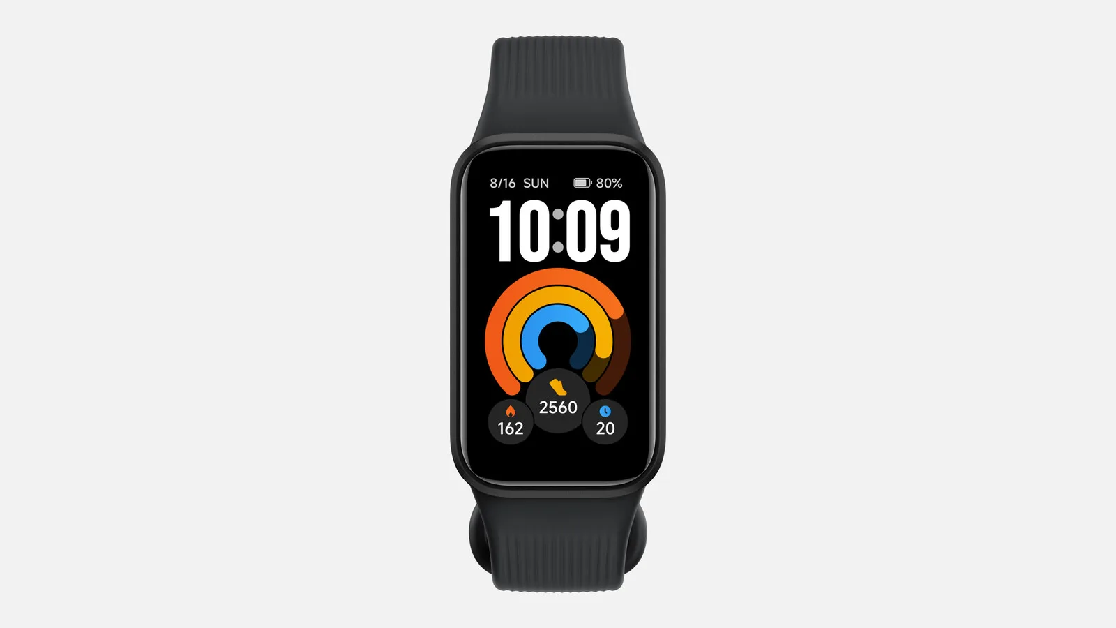 Pulseira Xiaomi Smart Band 11 Active preta vista de frente, com o ecrã a mostrar as horas, três anéis de atividade e a contagem de passos