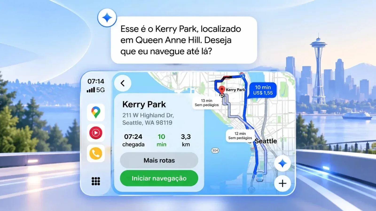 Ecrã do Google Maps no CarPlay com um percurso até um parque em Seattle e uma resposta do Gemini a perguntar se quer iniciar a navegação