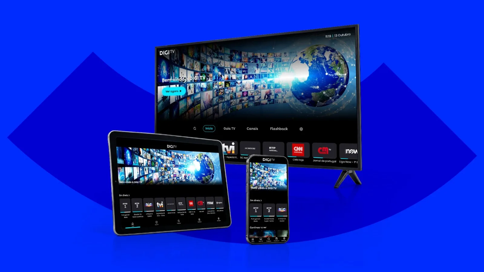 Nova interface da app DIGI TV num televisor, num tablet e num telemóvel, com a barra de menu horizontal e a fila de canais em direto