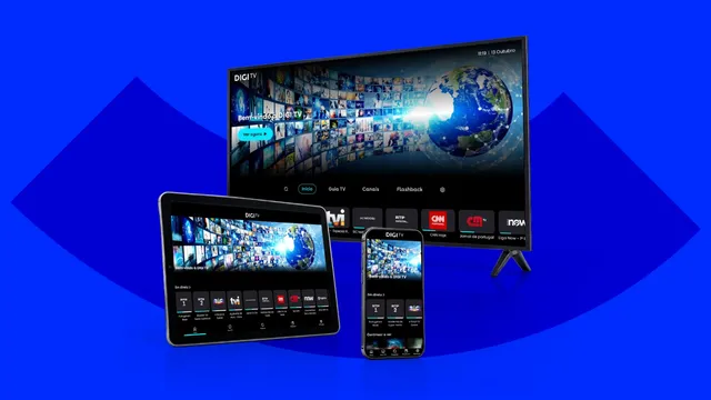 Nova interface da app DIGI TV num televisor, num tablet e num telemóvel, com a barra de menu horizontal e a fila de canais em direto