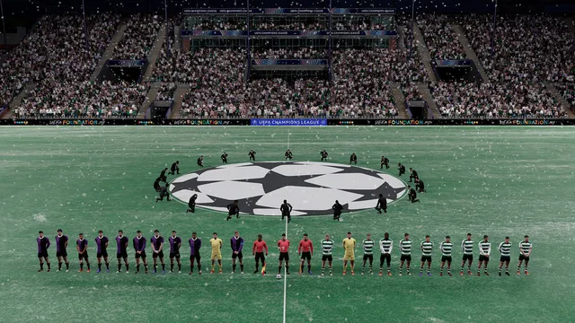 Duas equipas alinhadas no relvado antes de um jogo da Liga dos Campeões, com o logótipo da competição no círculo central e as bancadas cheias