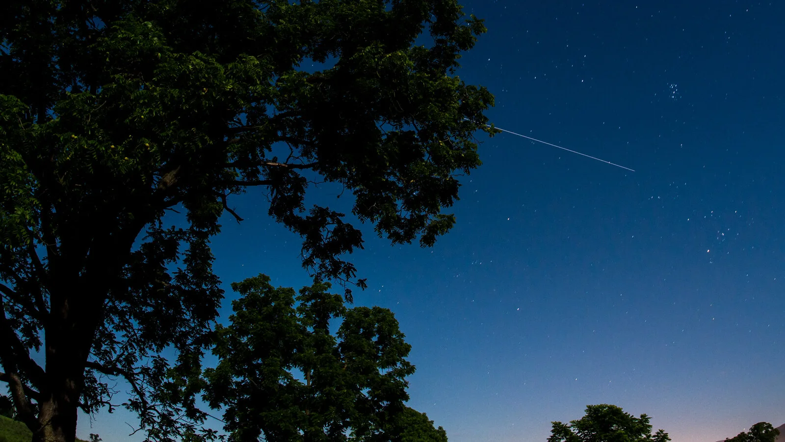 Céu noturno azul escuro com estrelas, o traço de luz da Estação Espacial a atravessá-lo e a silhueta de árvores à esquerda