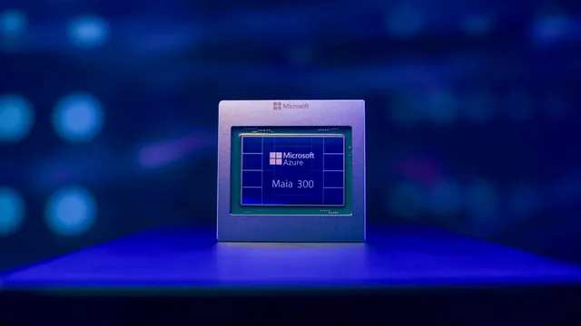 Chip Microsoft Azure Maia 300 de pé sobre uma superfície, num cenário iluminado a azul
