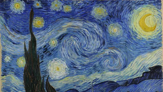 Pormenor do céu do quadro A Noite Estrelada, com redemoinhos azuis, estrelas amarelas rodeadas de halos, um quarto de lua no canto superior direito e um cipreste escuro à esquerda