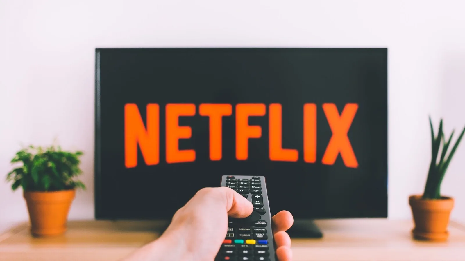 Mão a apontar um comando para uma televisão com o logótipo da Netflix no ecrã, entre dois vasos com plantas