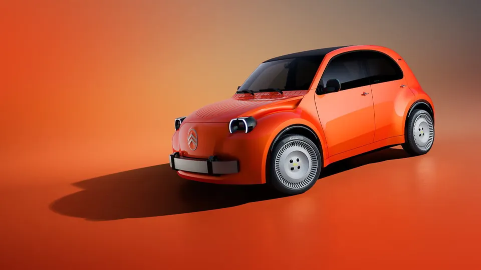 Citroën 2 CV Concept cor de laranja visto de três quartos de frente, com faróis redondos e jantes de aço claras