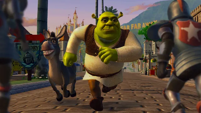 Shrek e o Burro a correr numa rua de Bué, Bué Longe, com o castelo ao fundo e um cavaleiro de armadura em primeiro plano
