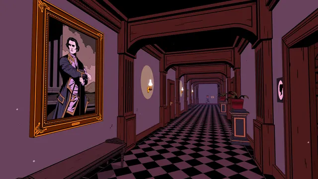 Corredor de uma mansão em estilo de banda desenhada, com chão axadrezado, candeeiros de parede e o retrato de um homem numa moldura dourada