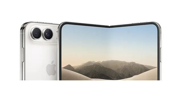 iPhone Duo branco visto de trás, com as duas câmaras, ao lado de outro iPhone Duo meio aberto a mostrar o ecrã interior com uma paisagem de montanhas e dunas