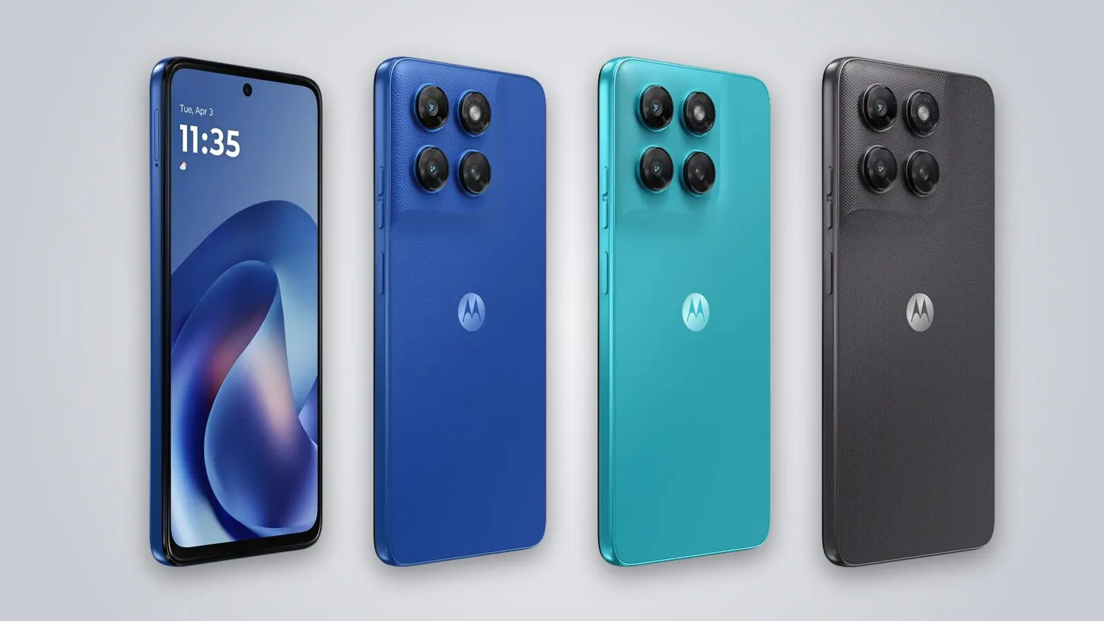 Quatro telemóveis Moto G47 Power lado a lado sobre fundo cinzento claro: um azul visto de frente e três de costas, em azul, azul-turquesa e cinzento-escuro, com quatro anéis de câmara no canto superior
