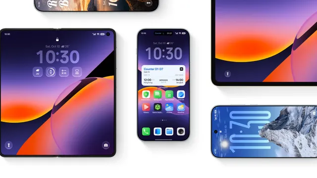 Vários telemóveis e tablets OPPO vistos de cima, com o ecrã de bloqueio e o ecrã inicial do ColorOS 17 em tons de roxo e laranja