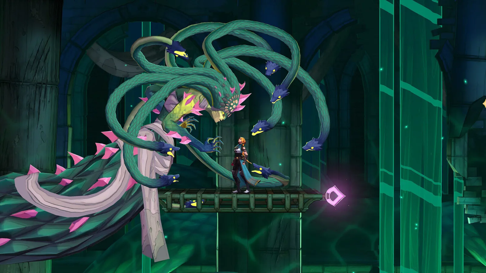 Imagem do jogo Castlevania: Belmont's Curse: uma personagem numa ponte de ferro enfrenta uma criatura gigante com várias cabeças de serpente, num cenário gótico em tons de verde